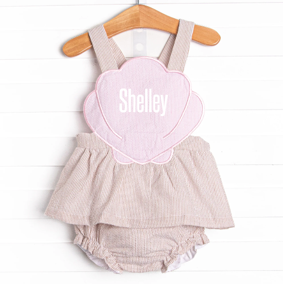 Shelley's Seashells Applique Diaper Set, Tan Seersucker