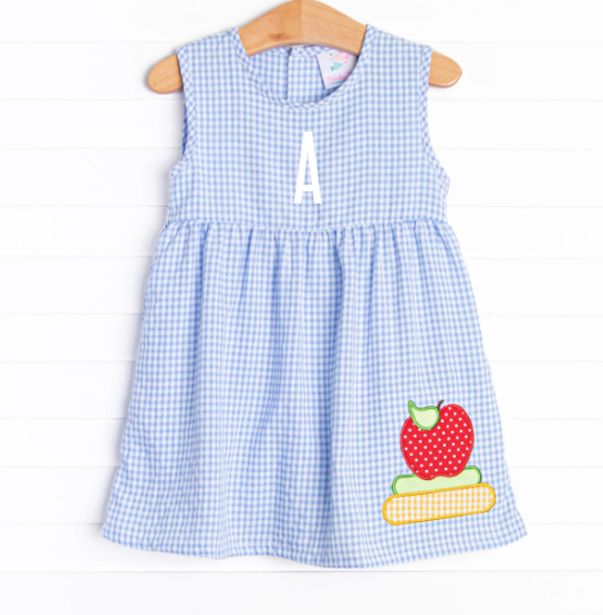 School Days Applique Dress, Blue Check