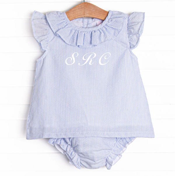 Spring Seersucker Ruffle Diaper Set, Blue
