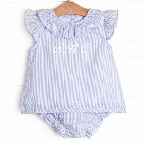 Spring Seersucker Ruffle Diaper Set, Blue