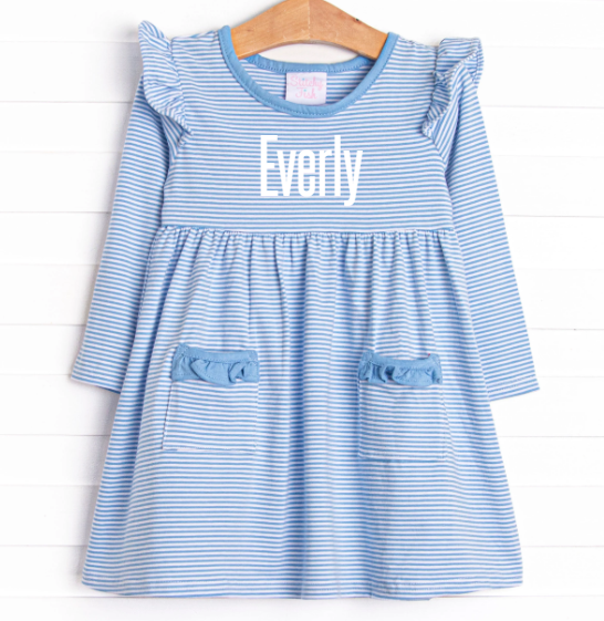Everly Long Sleeve Dress, Medium Blue Stripe
