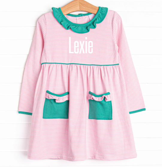 Lexie Ruffle Dress, Jade Green and Pink Stripe