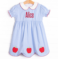 An Apple a Day Applique Dress, Blue Gingham