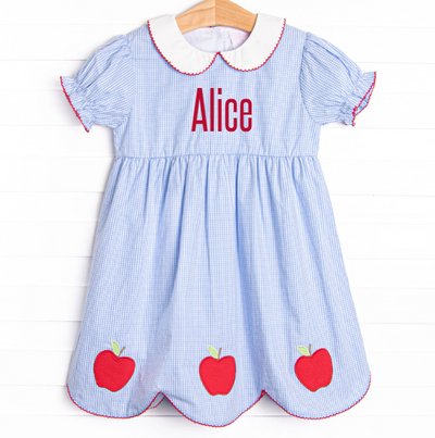 An Apple a Day Applique Dress, Blue Gingham