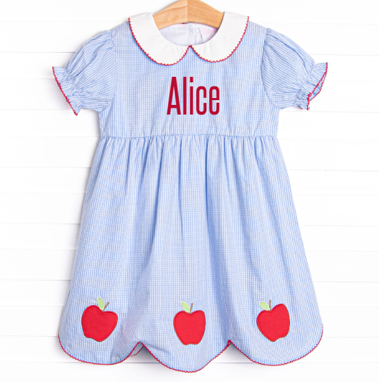 An Apple a Day Applique Dress, Blue Gingham