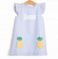 Pineapple Delight Applique Dress, Blue Seersucker