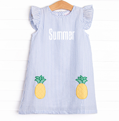 Pineapple Delight Applique Dress, Blue Seersucker