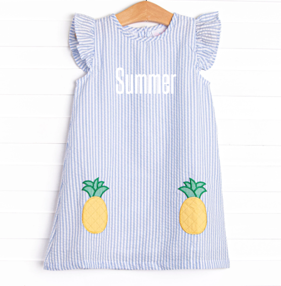Girl's Pineapple Delight Applique Dress in Blue Seersucker size 7 | Stitchy Fish Girl's Pineapple Delight Applique Dress in Blue Seersucker size 7 | Stitchy Fish