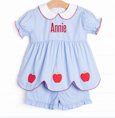 An Apple a Day Applique Ruffle Short Set, Blue Gingham