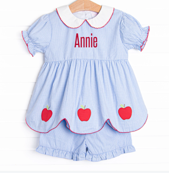 An Apple a Day Applique Ruffle Short Set, Blue Gingham