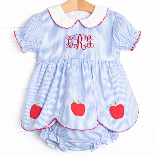 An Apple a Day Applique Diaper Set, Blue Gingham