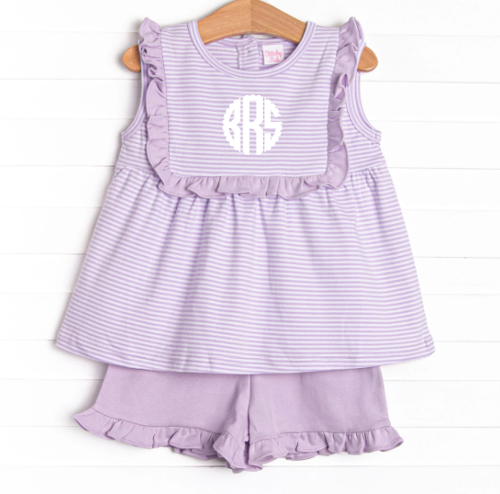 Bea Pima Ruffle Short Set, Purple Stripe
