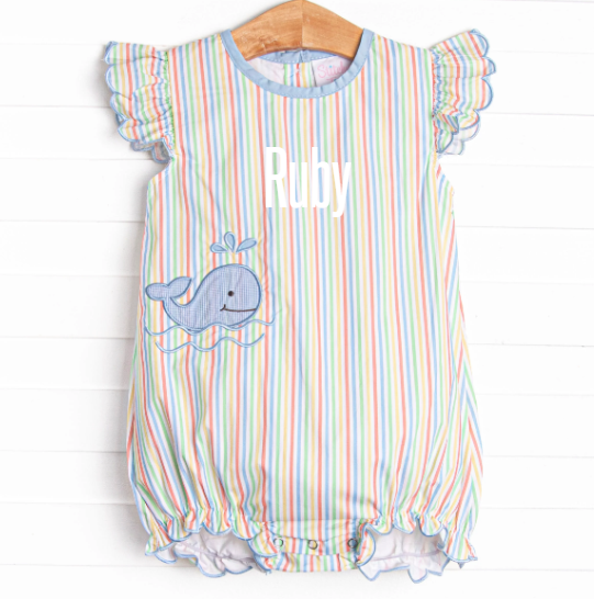 Rainbow Waves Applique Flutter Sleeve Bubble, Blue