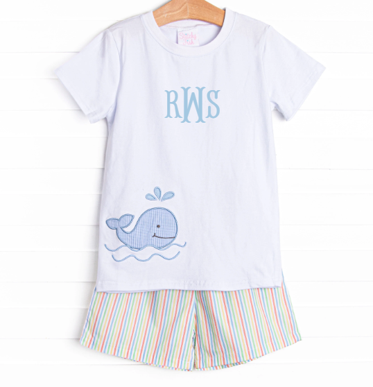 Rainbow Waves Applique Short Set, Blue