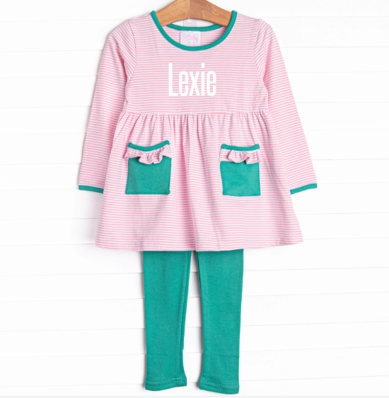 Lexie Legging Set, Jade Green and Pink Stripe