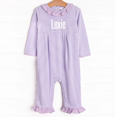 Lexie Ruffle Romper, Purple Stripe