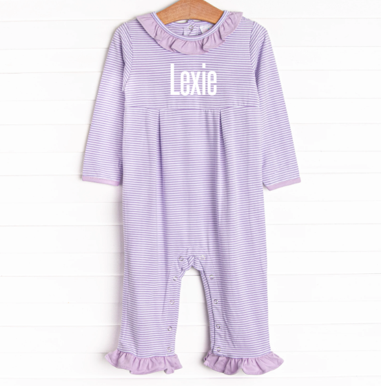 Lexie Ruffle Romper, Purple Stripe