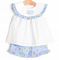 Flower Bed Blooms Ruffle Short Set, Blue