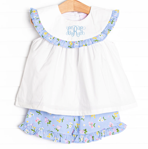 Flower Bed Blooms Ruffle Short Set, Blue
