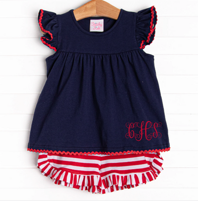 Bold Stripes Ruffle Short Set, Navy