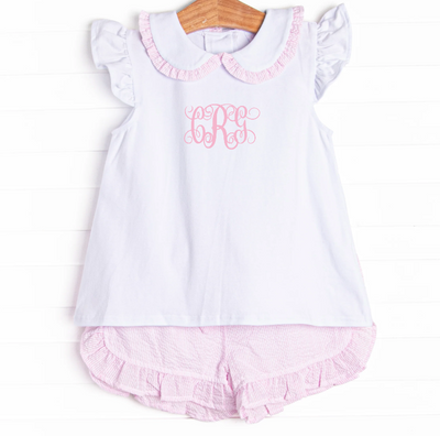 Spring Seersucker Ruffle Short Set, Pink