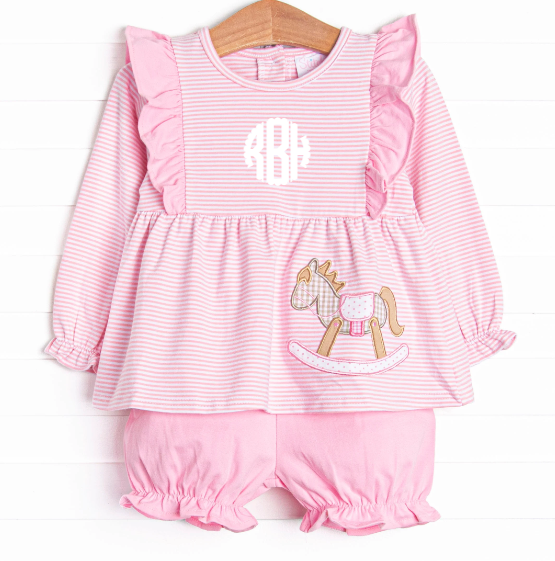 Rocking Horse Rider Applique Bloomer Set, Pink