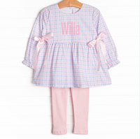 Willa Side Tie Legging Set, Pink and Blue Plaid
