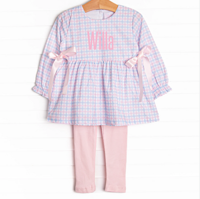 Willa Side Tie Legging Set, Pink and Blue Plaid