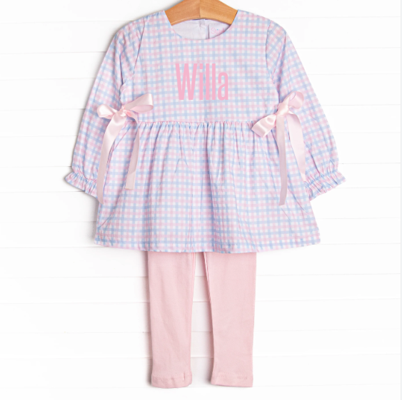 Willa Side Tie Legging Set, Pink and Blue Plaid