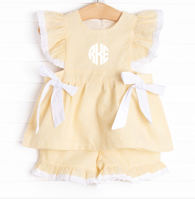 Plain Jane Ruffle Short Set, Yellow Seersucker