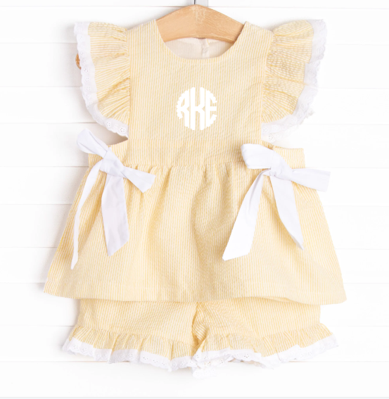 Plain Jane Ruffle Short Set, Yellow Seersucker