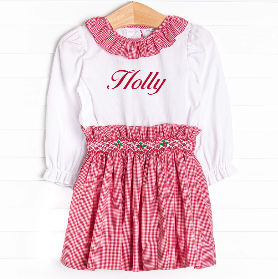 Holiday Holly Smocked Skirt Set, Red