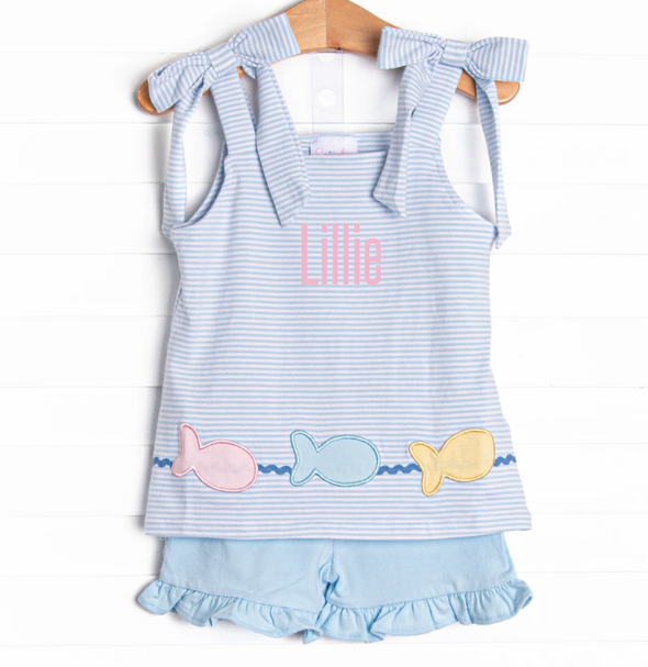 Swimming Along Applique Ruffle Short Set, Blue