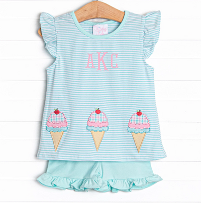 Sweet Tooth Applique Ruffle Short Set, Blue