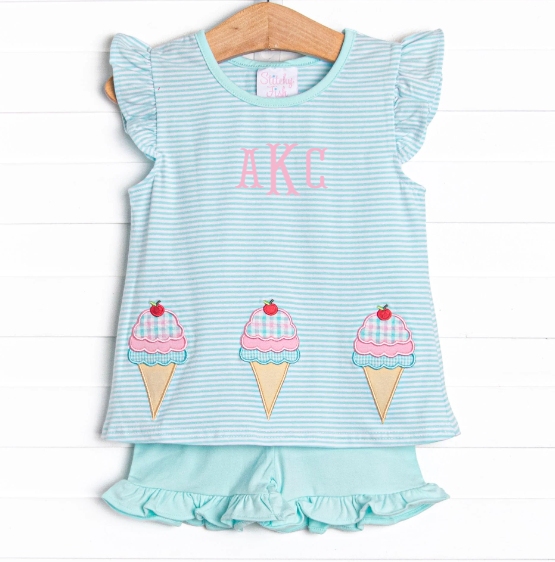 Sweet Tooth Applique Ruffle Short Set, Blue