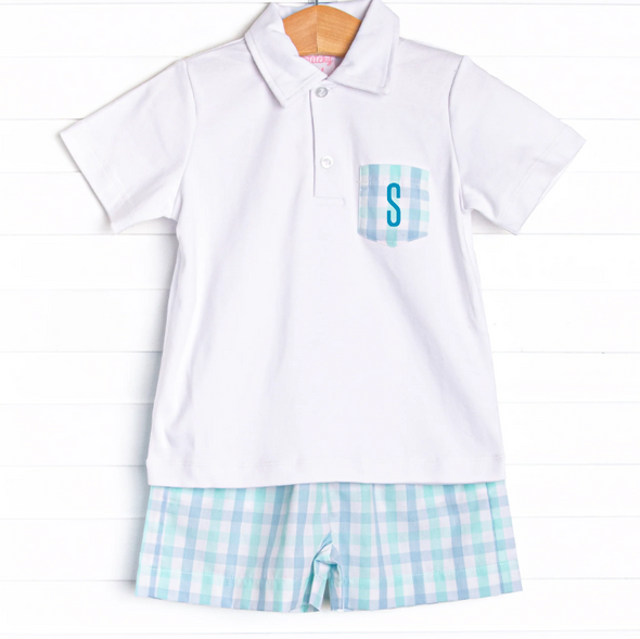 Look to the Sea Boy Short Set, Mint/Blue Check