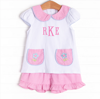 Pockets of Petals Embroidered Ruffle Short Set, Pink