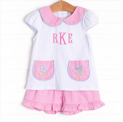 Pockets of Petals Embroidered Ruffle Short Set, Pink