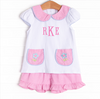 Pockets of Petals Embroidered Ruffle Short Set, Pink
