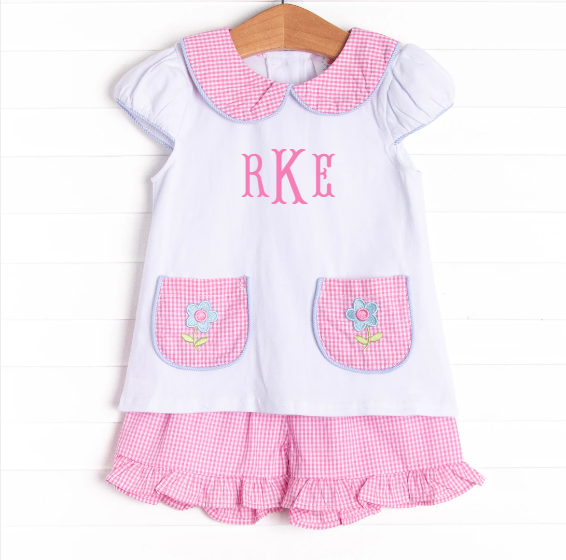Pockets of Petals Embroidered Ruffle Short Set, Pink