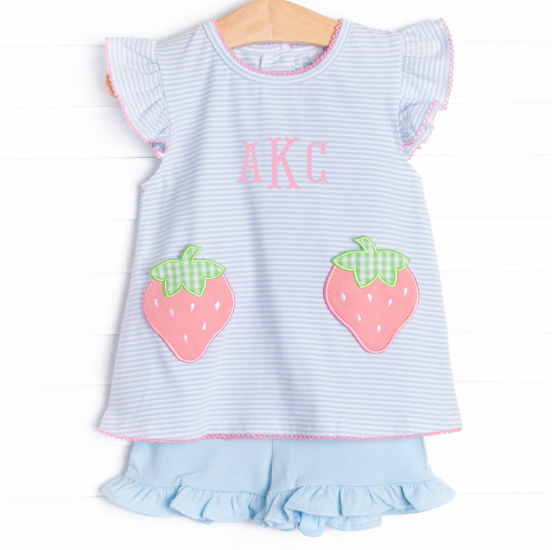 Pocketful of Berries Applique Ruffle Short Set, Blue