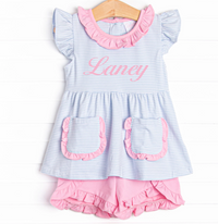 Laney Ruffle Short Set, Pink and Blue Stripe
