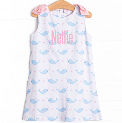 Nellie Narwhal Bow Dress, Blue