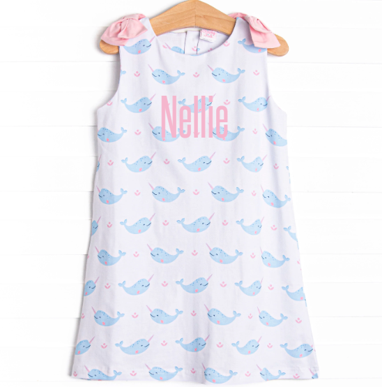 Nellie Narwhal Bow Dress, Blue