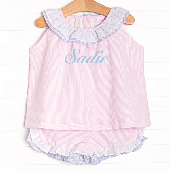 Seaside Seersucker Ruffle Short Set, Pink