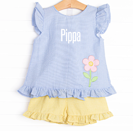 Sprout Up Spring Applique Ruffle Short Set, Blue