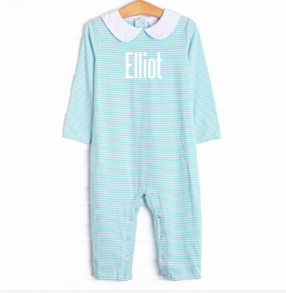 Elliot Long Romper, Mint Stripe