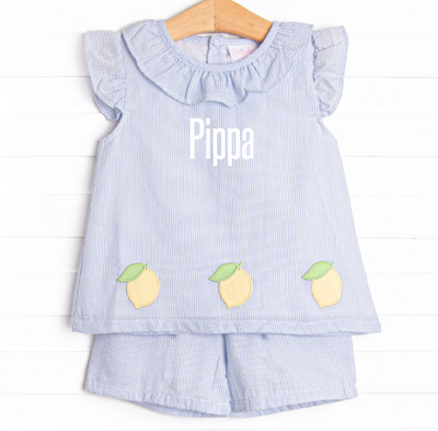 Sorrento Stripes Applique Ruffle Short Set, Blue Seersucker