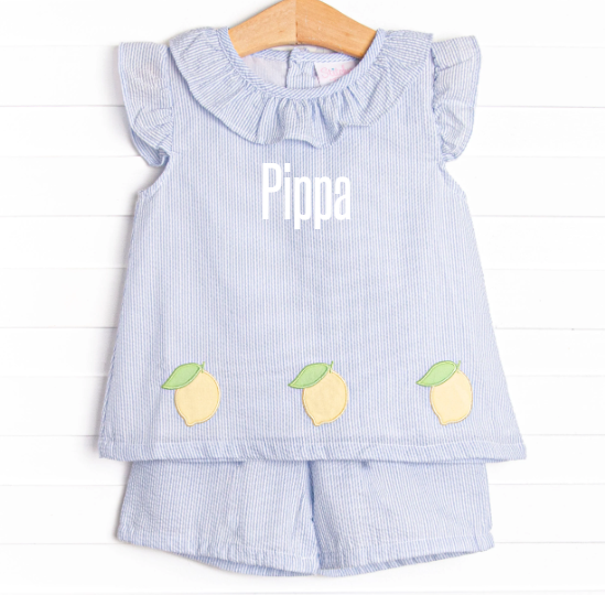 Sorrento Stripes Applique Ruffle Short Set, Blue Seersucker