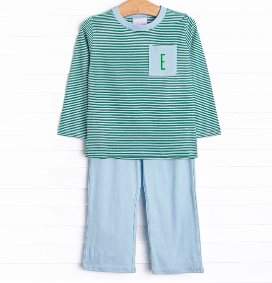 Evan Pant Set, Forest Green Stripe